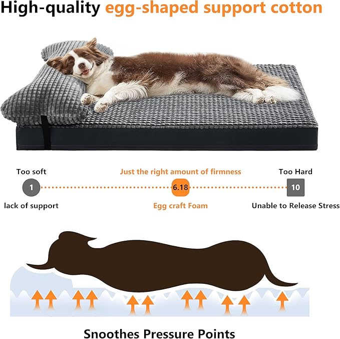 KISYYO Orthopedic L Dog Beds for Large Dogs with Removable Washable Cover and Removable Pillow for Crate,Waterproof Extra Large Dogs Mat, Grey, 35x23
