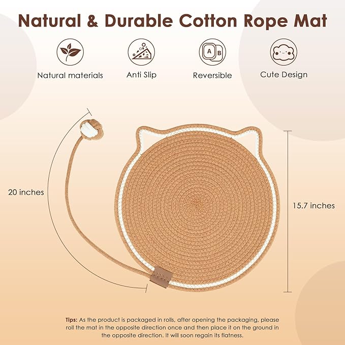 Cat Scratcher Mat, Natural Cotton Rope Cat Scratch Pad, 15.7'' Round Horizontal Floor Cat Scratching Pads for Indoor Cats, Cat Furniture Protector for Wall, Couch, Carpets, Sofas