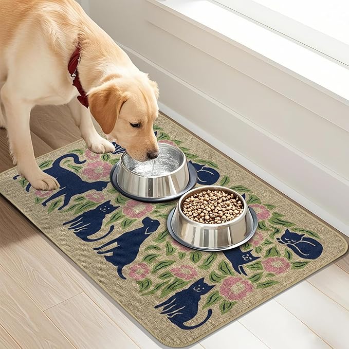 SHIYUE Dog Food Mats for Floors, Absorbent Cat Bowl for Food and Water, Non-Slip Accessories Pet Supplies(16"x24",Beige Animal Flower)