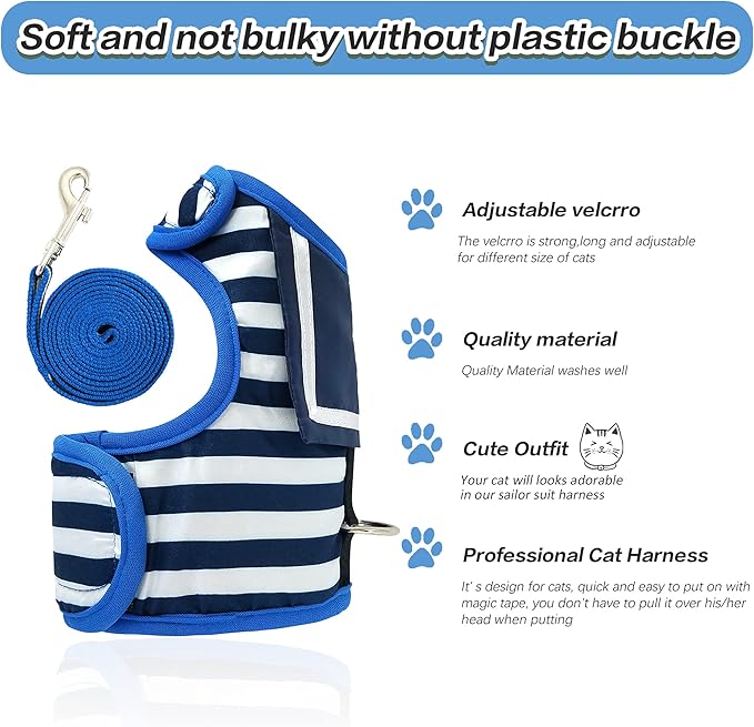 Cat Harness and Leash for Walking Escape Proof, Adjustable Cat Vest Harness, Padded Stylish Cat Walking Jackets, Sailor Suit Navy, Large