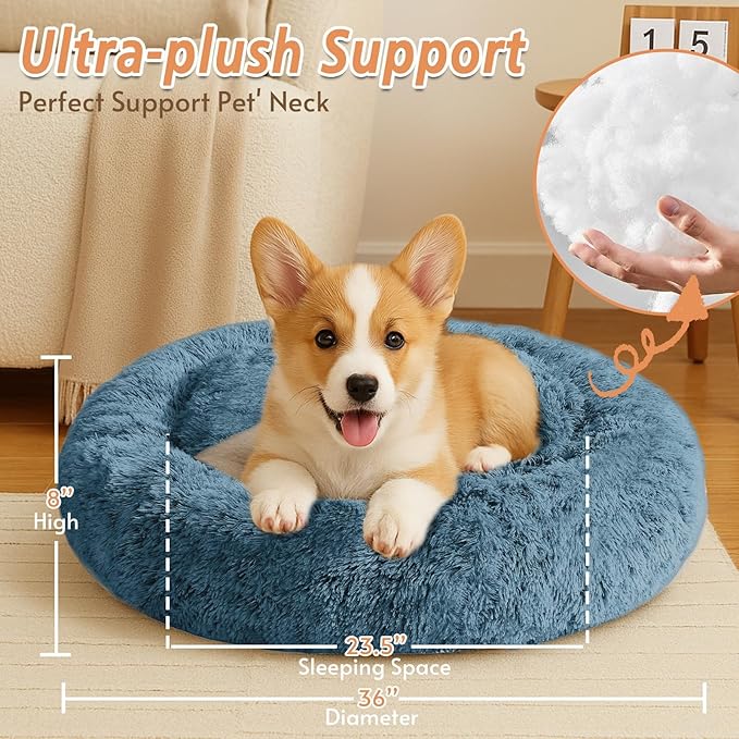 JOLLYVOGUE Calming Dog Bed Large Size Dog, Anti-Anxiety Donut Large Pet Bed, 36 inches Fluffy Faux Fur Round Cat Bed, Fits up to 75 lbs Pets (Blue)