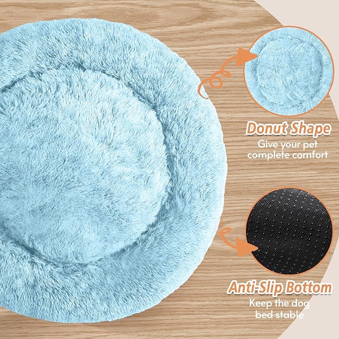 JOLLYVOGUE Calming Dog Bed Large Size Dog, Anti-Anxiety Donut Large Pet Bed, 36 inches Fluffy Faux Fur Round Cat Bed, Fits up to 75 lbs Pets (Light Blue)