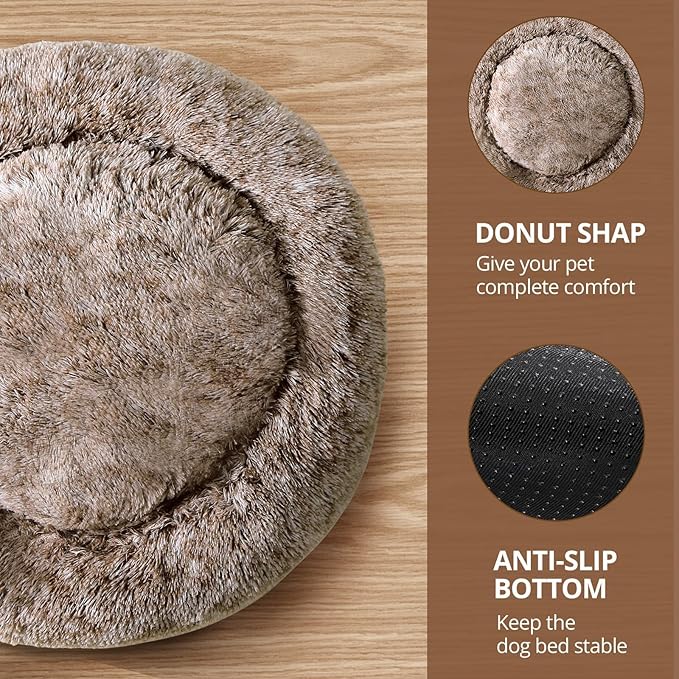 JOLLYVOGUE Calming Dog Bed Medium Size Dog, Anti-Anxiety Donut Medium Pet Bed, 31 inches Fluffy Faux Fur Round Cat Bed, Fits up to 45 lbs Pets (Smoke Brown)
