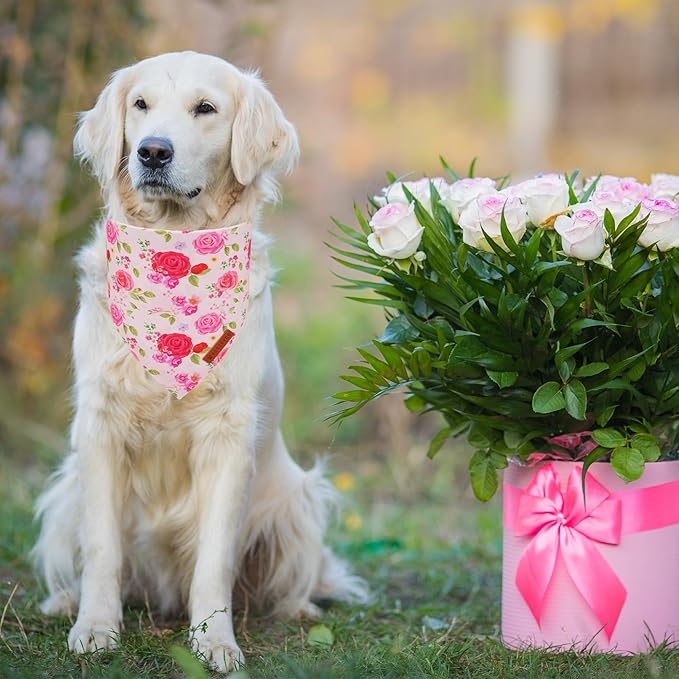 ADOGGYGO Floral Dog Bandana 2 Pack, Reversible Red Pink Rose Pet Scarf Bib, Adjustable Fit Cute Floral Bandanas for Extra Large Dogs Pets (X-Large)