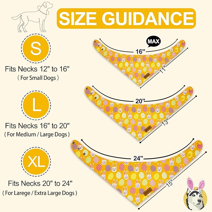Easter Dog Bandanas with Snap Button, 2 Pack Reversible Spring Bandana for Boy & Girl, Premium Durable Fabric, Bunny and Egg Dog Scarf for Large and Extra Large Dogs (X-Large)