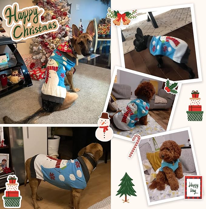 Pet Christmas Dog Sweaters Cute Animal Snowman Printed Puppy Xmas Costumes Winter Warm Turtleneck Jumpers Puppy Knitted Clothes Cat Outfits (M, Blue Snowman)