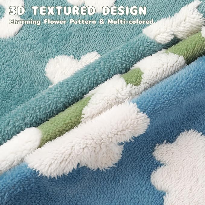 Luciphia Waterproof Pet Blanket for Medium Large Dogs Washable Fluffy Thick Jacquard Shag Fleece Warm Sherpa 3D Textured Flower Print for Cats Puppy Couch Protection (Green,67x57 inches)