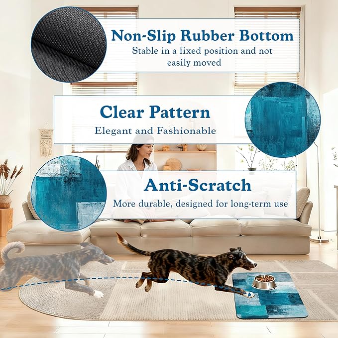 Blue Teal Dog Cat Food Mat–Christmas Stocking Absorbent Waterproof Placemat for Food and Water Bowls, Non Slip Rubber Backing, Feeding Mat for Clean Floors 16"x24"