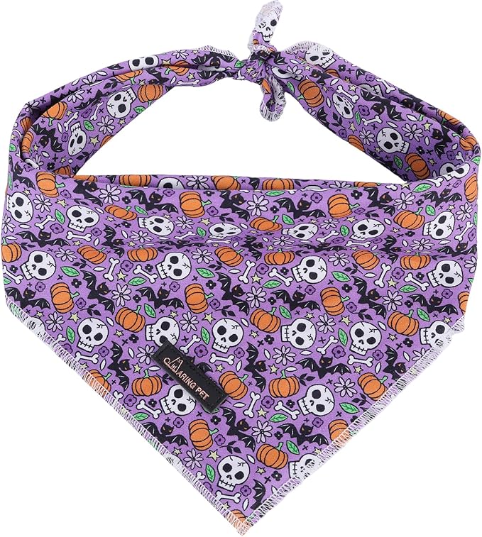 ARING PET Halloween Dog Bandanas, Cotton Purple Pumpkin Ghost Bat Floral Pet Bandanas Cute Triangle Bibs Scarf for Small Medium Large Boy Girl Dogs and Cats-S
