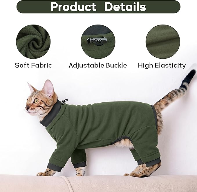 PUMYPOREITY Sticky Hair Cat Clothes, Prevent Hair Loss Cat Pajamas, Soft Cat Sweaters for Cats Only, Cat Hair Sticky Onesie, Cat Recovery Suit After Surgery, Green, L