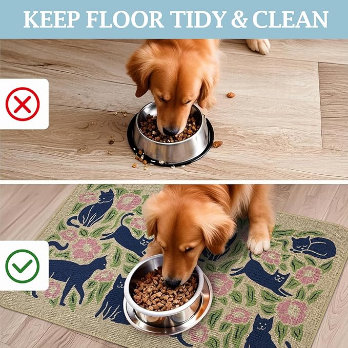 SHIYUE Dog Food Mats for Floors, Absorbent Cat Bowl for Food and Water, Non-Slip Accessories Pet Supplies(12"x20",Beige Animal Flower)