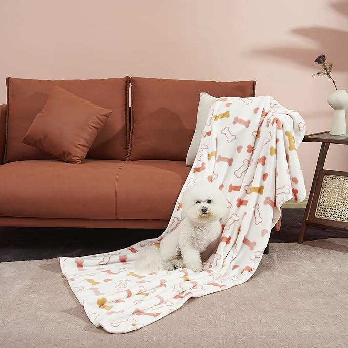 Allisandro Luxurious Dog Blanket, 350 GSM Super Fuzzy Microplush Fleece Pet Blankets for Small Medium Large Dogs and Cats, White Bone, 80 × 64 Inches