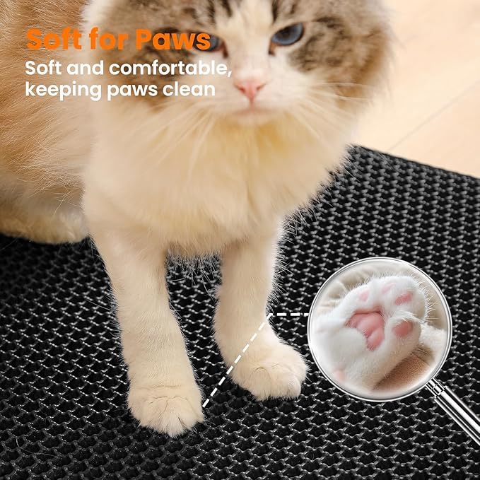Cat Litter Mat, 24x18 Inches Large Double Layer Honeycomb Cat Litter Trapping Mat, Non Slip Waterproof Urine Proof Cat Litter Box Mat for Floor, Kitty Litter Rug, Cat Supplies, Black