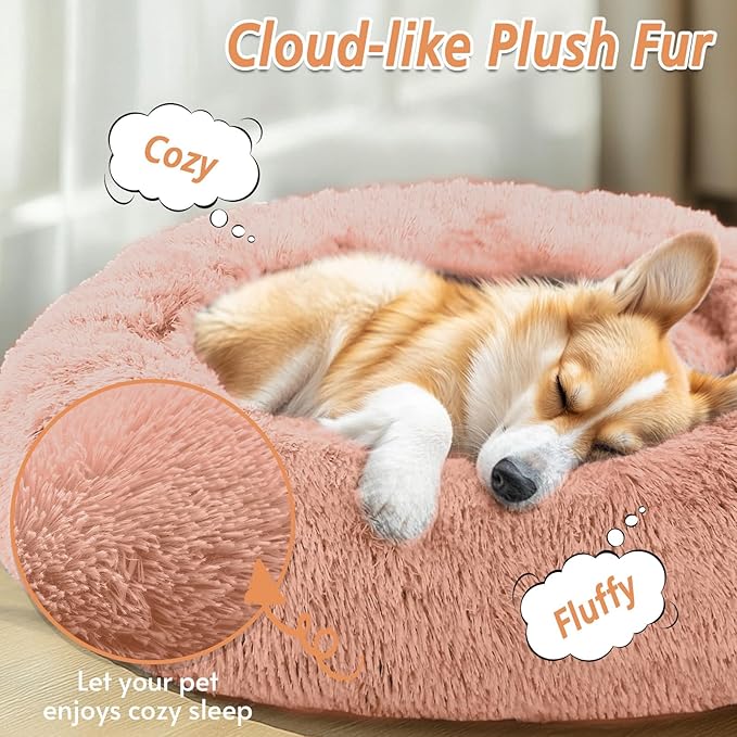 JOLLYVOGUE Calming Dog Bed Medium Size Dog, Anti-Anxiety Donut Medium Pet Bed, 31 inches Fluffy Faux Fur Round Cat Bed, Fits up to 45 lbs Pets (Peach Pink)