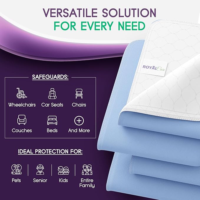 Incontinence Bed Pads - Reusable Waterproof Underpad Chair, Sofa and Mattress Protectors - Highly Absorbent, Machine Washable - for Children, Pets and Seniors (34x36 (Pack of 4), Blue)