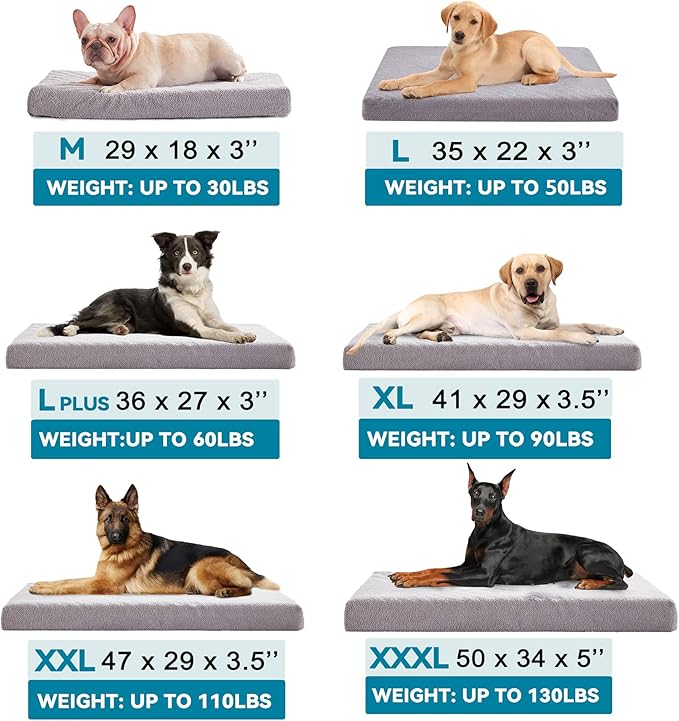Memory Foam Large Dog Bed, Orthopedic Dog Beds for Large Dogs, Washable Cooling Pet Mat for Crate with Joint Relief Memory Foam (Light Grey)