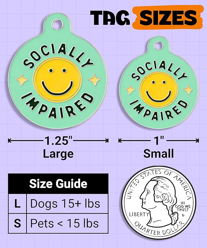 Bad Tags Personalized Dog and Cat ID Tags in 25+ Designs and 2 Sizes - 5 Lines of Custom Engraved Text - Funny Cute Personalized Pet Tags (Socially Impaired, Large (1.25 inch))