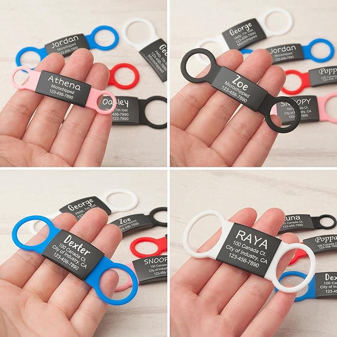 Anavia Slide On Silent Pet ID Tags, S/M/L/XL Personalized Black Stainless Steel Colored Silicone Cat Dog Name Tag, Customized Engraved Nameplate, Quiet Chew-Proof Pet Collar Tag (Blue, Large)