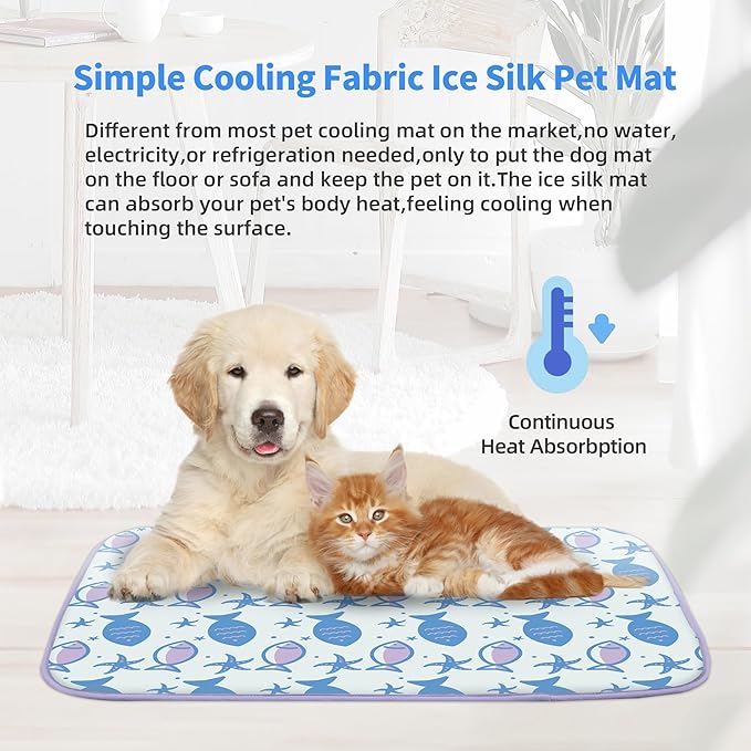 NWK Pack of 4 Pet Cooling Mat - Ice Silk Cooling Mat for Dogs & Cats Portable & Washable Pet Cooling Blanket, Car Seats, Beds for Summer (4pcs, Purple Fish, 20’’ X 16’’ X 0.3)
