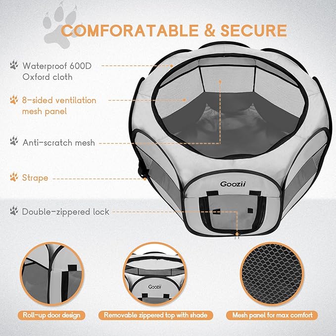 Pet Cat Playpen for Indoor Cats Enclosed, Puppy Dog Play Pen for Outdoor Travel Camping (Medium Size, Light Grey)