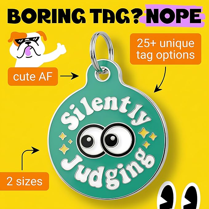 Bad Tags Personalized Dog and Cat ID Tags in 25+ Designs and 2 Sizes - 5 Lines of Custom Engraved Text - Funny Cute Personalized Pet Tags (Silently Judging - Green, Small (1 inch))
