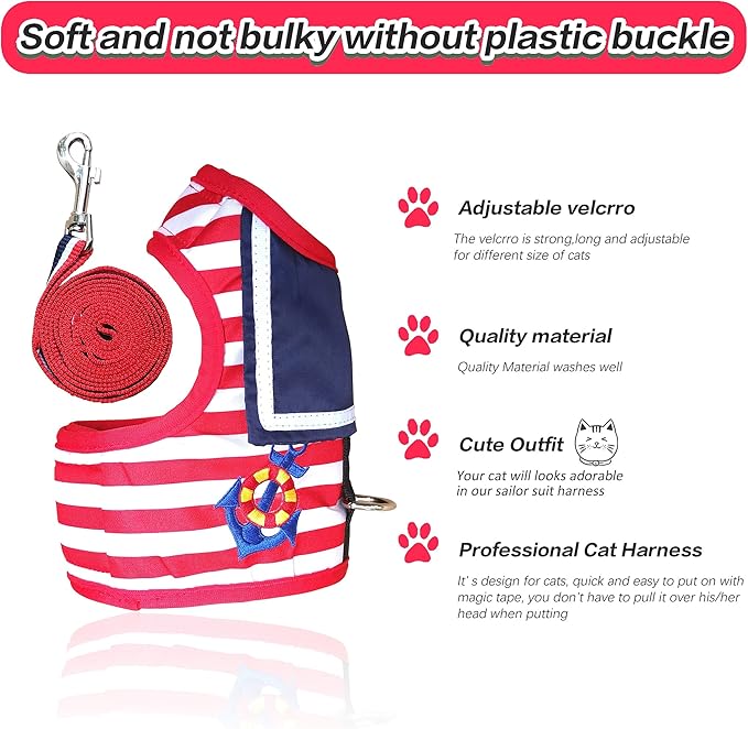 Cat Harness and Leash for Walking Escape Proof, Adjustable Cat Vest Harness, Padded Stylish Cat Walking Jackets, Sailor Suit Red, X-Small