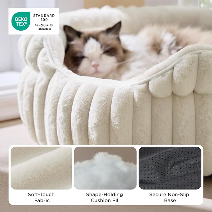 Bedsure ComfyFleece™ Cat Bed, Washable Round Cute Cat Beds for Indoor Cats, Super Soft Corduroy Pet Bed for Puppy and Kitten with Anti-Slip Bottom, 23''x23''x8.5'', Cream