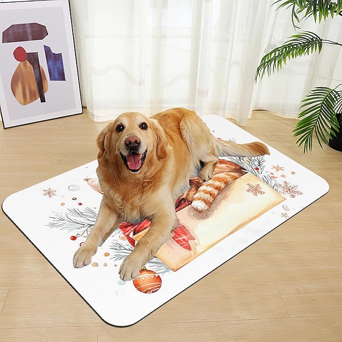 Cat Dog Cat Food Mat–Christmas Stocking Absorbent Waterproof Placemat for Food and Water Bowls, Non Slip Rubber Backing, Feeding Mat for Clean Floors 16"x24"