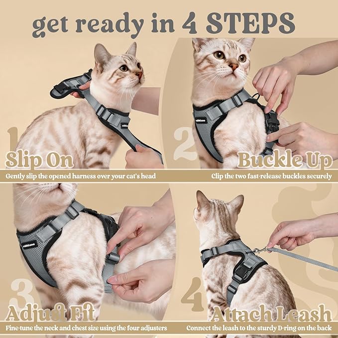 rabbitgoo Cat Harness and Leash for Walking, Escape Proof Soft Adjustable Vest Harnesses for Cats, Easy Control Breathable Reflective Strips Jacket, Grey, S
