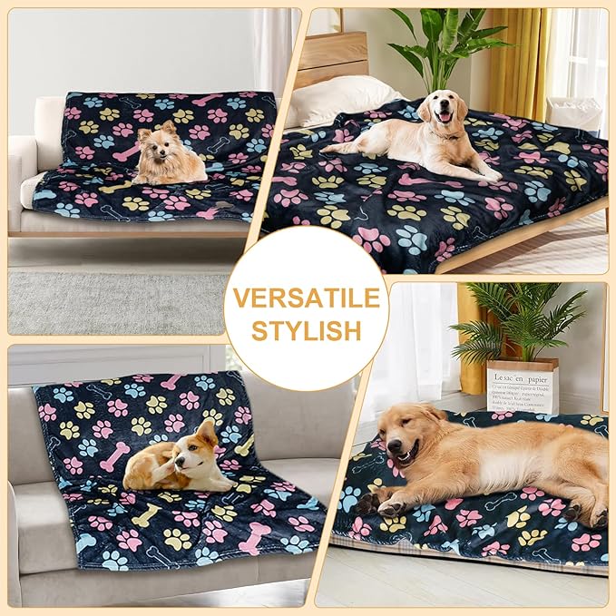Dog Blankets for Large Dogs, 60"x50" Blanket Washable, Fuzzy Soft Pet Mat Throw Cover for Kennel Crate Bed, Cute Paw Pattern, Cat Blanket, Gifts Medium Small Pet Essentials, Navy Blue