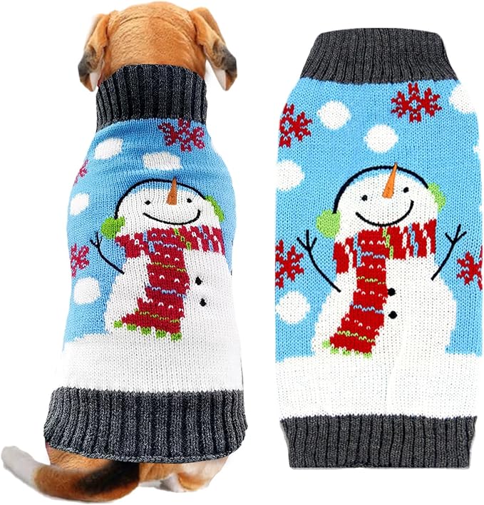 Pet Christmas Dog Sweaters Cute Animal Snowman Printed Puppy Xmas Costumes Winter Warm Turtleneck Jumpers Puppy Knitted Clothes Cat Outfits (XXL, Blue Snowman)