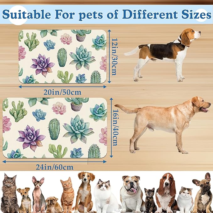 Cactus Flower Pet Feeding Mat for Floors–Christmas Stocking Absorbent Quick Dry Dog Cat Bowl Mat for Food and Water, Non Slip Waterproof Base, Mess-Free Feeding Accessories 16"x24"