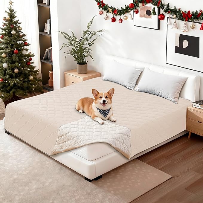 Waterproof Dog Bed Cover, Non-Slip Dog Blanket for Couch, Couch Covers for Dogs Washable, Pet Blanket for Furniture, Pet Bed Mat for Sofa, Car, Pet Supplies (82x82 Inch, Beige)