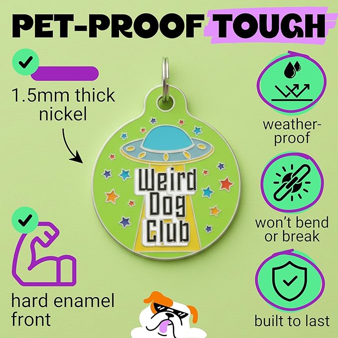 Bad Tags Personalized Dog and Cat ID Tags in 25+ Designs and 2 Sizes - 5 Lines of Custom Engraved Text - Funny Cute Personalized Pet Tags (Weird Dog Club, Small (1 inch))