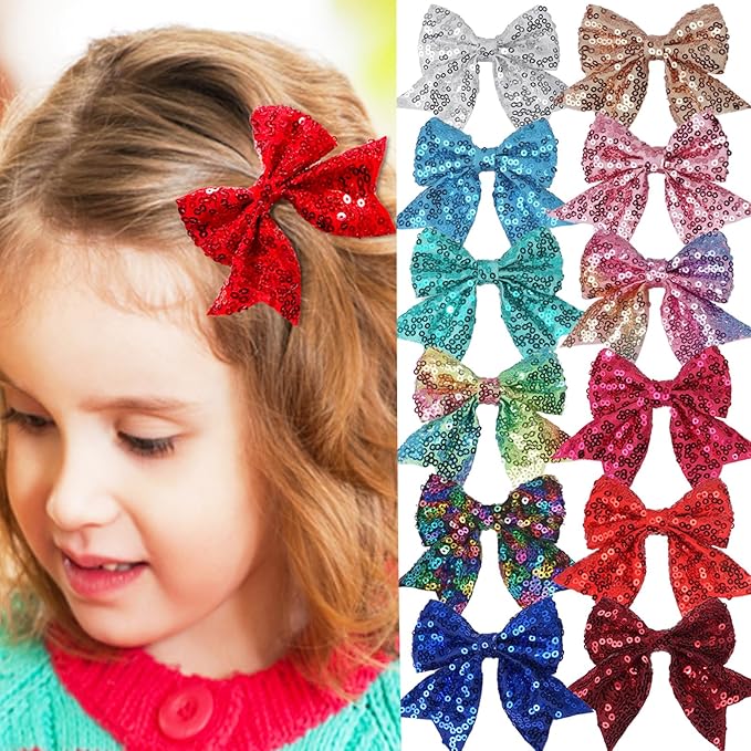 3-inch Sequined Bow Hair Clips For Baby Girls, Toddler, Kids and Young Women Birthday Party Wedding Christmas Occasions Pet Accessories Set of 2 (Gold)