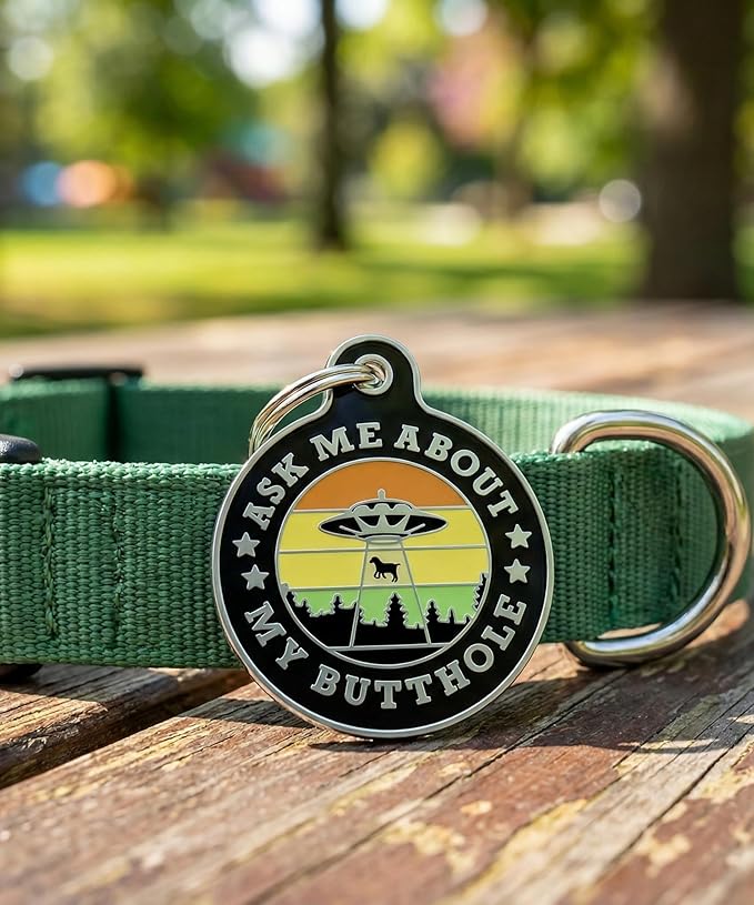 Bad Tags Personalized Dog and Cat ID Tags in 25+ Designs and 2 Sizes - 5 Lines of Custom Engraved Text - Funny Cute Personalized Pet Tags (Ask Me About My Butthole - Black, Small (1 inch))