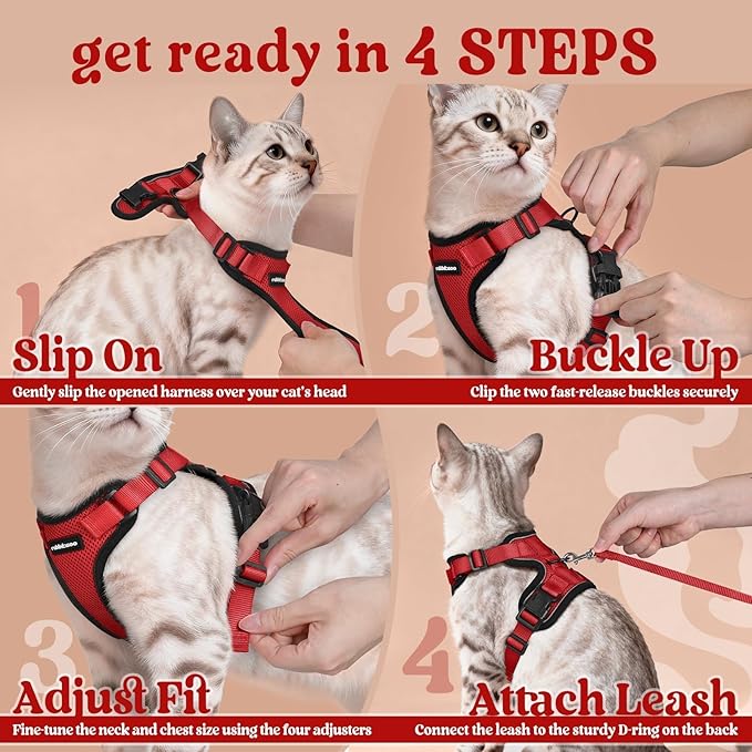 rabbitgoo Cat Harness and Leash for Walking, Escape Proof Soft Adjustable Vest Harnesses for Cats, Easy Control Breathable Reflective Strips Jacket, Red, XS