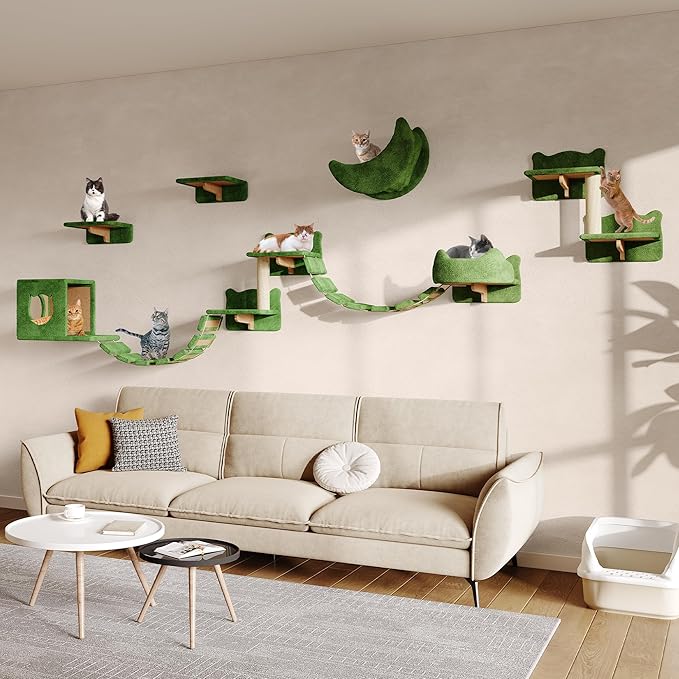 13-in-1 Cat Wall Shelves, Wall Mounted Cats Furniture Set with Plush Fabric, Cat Climbing Wall Systems, Cats Shelf with Moon Hammock, Condo, House, Step, Bridge Ladder, Scratching Post, Green