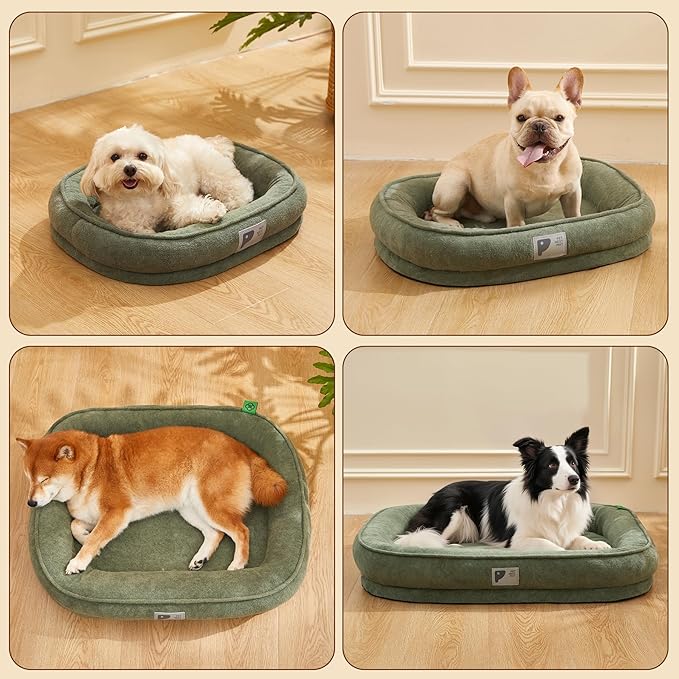 Orthopedic Dog Bed for Medium Dog, Washable with Removable Cover&Non-Slip Bottom with Four-Sided Bolster Cushions,Fluffy Bed Medium Size Green M