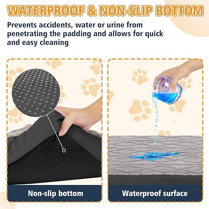 Orthopedic Dog Bed - Waterproof & Machine Washable Plush Pet Bed with Non-Slip Bottom, Soft Memory Foam Mattress for Small Dogs and Cats, 23x17 Inch, Grey