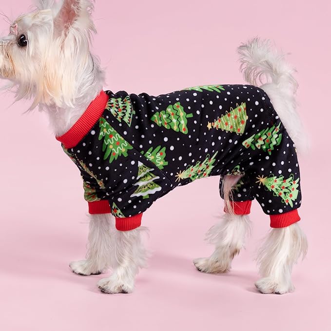 Fitwarm Christmas Tree Dog Pajamas, Christmas Clothes for Small Dogs Boy Girl, Holiday Pet Outfit, Black, Red, Green, Yellow, XXL