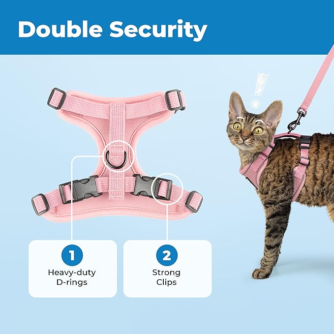 Voyager Escape-Proof Step-in Lock Cat Harness & 5ft Neoprene-Handle Leash Set All-Weather Mesh with Reflective Stitching for Small to Large Cats by Best Pet Supplies, Pink (327), M