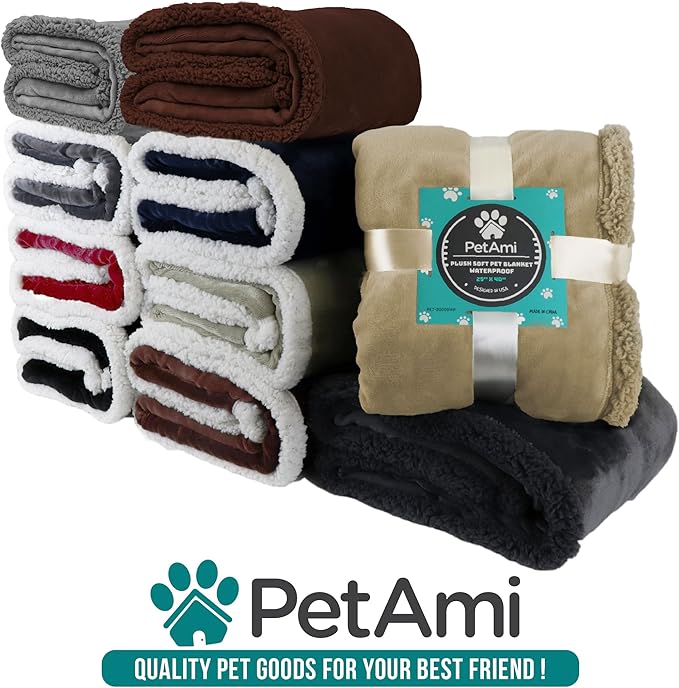 PetAmi Waterproof Dog Blanket for Queen Bed Large XL Dog Throw for Couch Cover Leakproof Furniture Protection, Sherpa Fleece, Reversible Soft Washable 90x90 Taupe