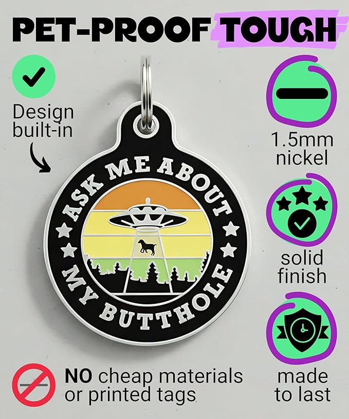 Bad Tags Personalized Dog and Cat ID Tags in 25+ Designs and 2 Sizes - 5 Lines of Custom Engraved Text - Funny Cute Personalized Pet Tags (Ask Me About My Butthole - Black, Large (1.25 inch))