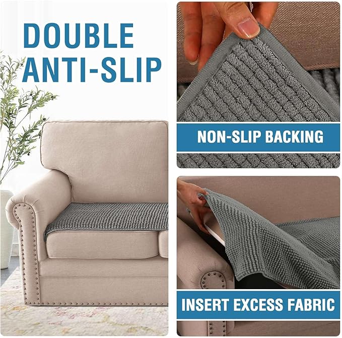 H.VERSAILTEX Plush Chenille Couch Cover for 3 Cushion Couch Anti Slip Washable Sofa Slipcovers Soft and Durable Furniture Protector for Dogs Cats Kids (27.5" x 71", Gray)