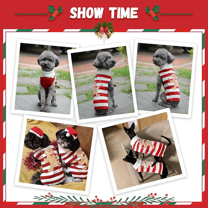 Dog Christmas Sweater Xmas Pet Clothes Cute Striped Gingerbread Man Costume Holiday Puppy Cat Jumpers Outfits New Year Gifts for Small Medium Large Dogs(Red Gingerbread Man,S)