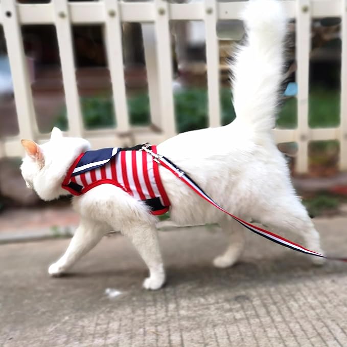 Cat Harness and Leash for Walking Escape Proof, Adjustable Cat Vest Harness, Padded Stylish Cat Walking Jackets, Sailor Suit Red, Large