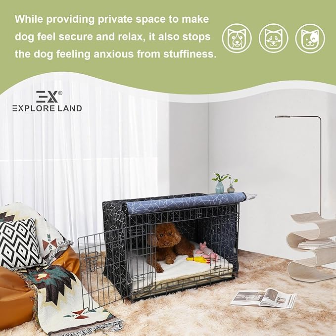 Explore Land Pattern Dog Crate Cover for 36 Inches Wire Cage, Heavy-Duty Polyester 1 2 3 Doors Standard Metal Pet Kennel Enclosure (Brief Polygonal)