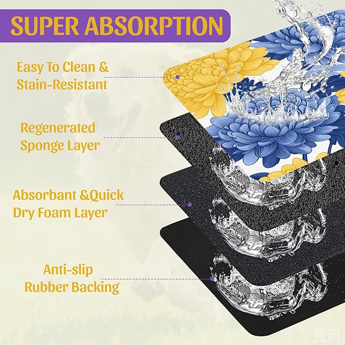 Blue Yellow Flowers Pet Feeding Mat, Quick Dry Absorbent Water Bowl Mat for Dogs and Cats, Anti-Slip Bottom, Indoor Use – 16x24 Inch