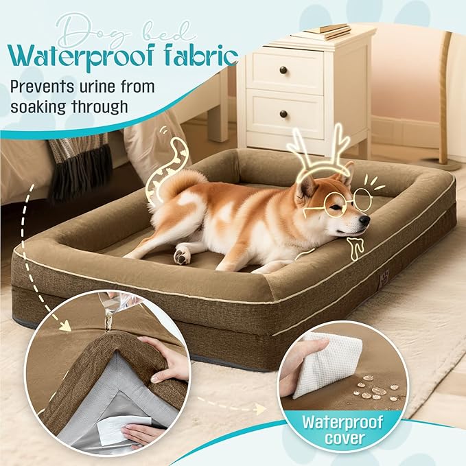 Waterproof Memory Foam Dog Beds for Extra Large Dogs Non-Slip Orthopedic Dog Beds Washable Couch Pet Bed with Removable Cover (Brown, Large)